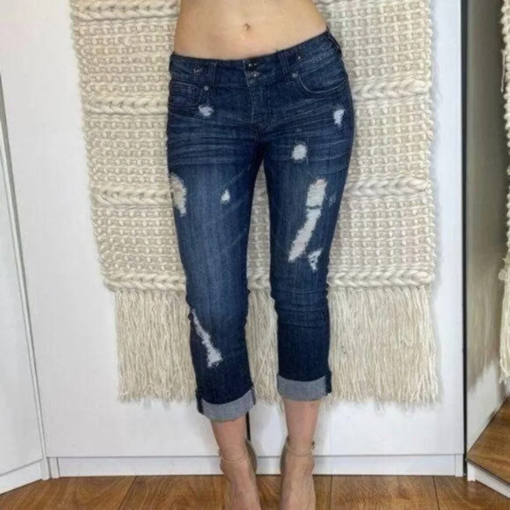 Denimology Dark Blue Distressed Cropped Jeans Mid Rise Size 5 - Picture 1 of 11
